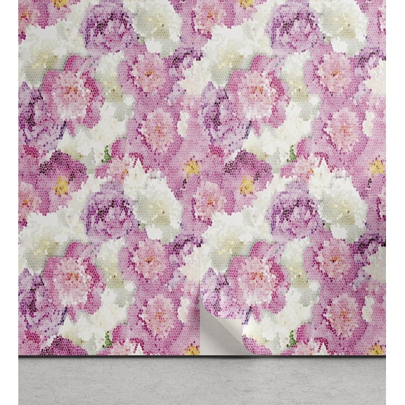 Ambesonne Nature Peel & Stick Wallpaper for Home, Mosaic Peony Flowers Art, 13"x72", Pink Purple White