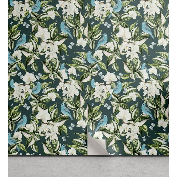 Ambesonne Nature Peel & Stick Wallpaper for Home, Orchids Birds Botanical Plot, 13"x36", Fern Green Sky Blue Teal