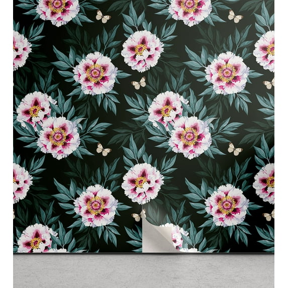 Ambesonne Nature Peel & Stick Wallpaper for Home, Peony Butterfly Pattern Art, 13"x36", Soft Pink and Grey Teal