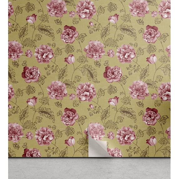 Ambesonne Nature Peel & Stick Wallpaper for Home, Pink Flowers Monochrome Leaf, 13"x72", Pale Maroon and Camel