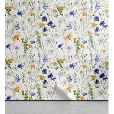 Ambesonne Nature Peel & Stick Wallpaper for Home, Poppies Daisies Rural, 13"x72", Pale Green Yellow Blue