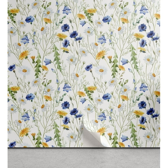 Ambesonne Nature Peel & Stick Wallpaper for Home, Poppies Daisies Rural, 13"x72", Pale Green Yellow Blue