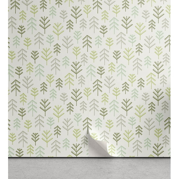 Ambesonne Nature Peel & Stick Wallpaper for Home, Simple Design Fir Trees Art, 13"x36", Off White and Multicolor
