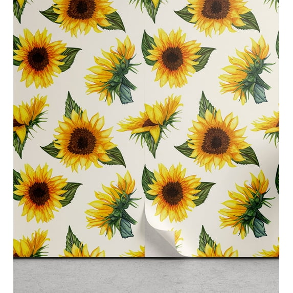 Ambesonne Nature Peel & Stick Wallpaper for Home, Sunflowers Plain Back Art, 13"x100", Earth Yellow and Olive Green