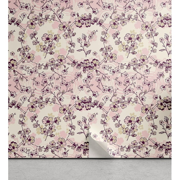 Ambesonne Nature Peel & Stick Wallpaper for Home, Traditional Floral Sketchy, 13"x36", Rose Eggshell Plum