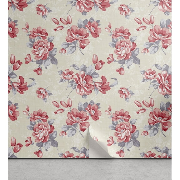 Ambesonne Nature Peel & Stick Wallpaper for Home, Traditional Oriental Roses, 13"x36", Dark Pink Taupe Grey