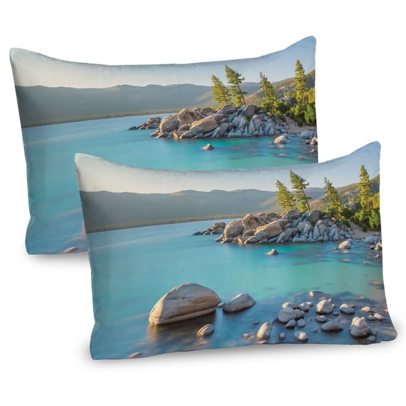 Ambesonne Nature Pillow Sham 2 Pack, Countryside Lake Beach, 30"x20", Blue Grey