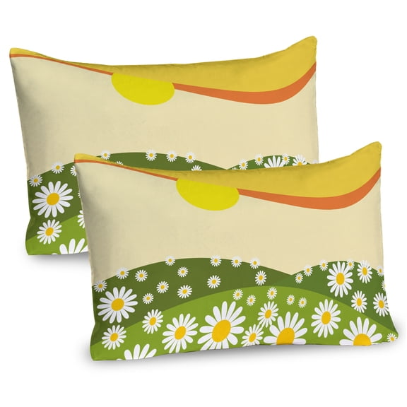 Ambesonne Nature Pillow Sham 2 Pack, Daisy Flower Field Sun, 26"x20", Earth Yellow Lime Green