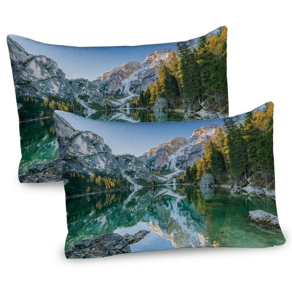 Ambesonne Nature Pillow Sham 2 Pack, Fall View Lake Mountain, 36"x20", Green Grey