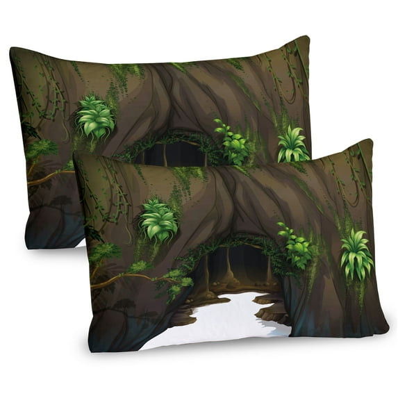 Ambesonne Nature Pillow Sham 2 Pack, Fantasy Tree Cave Moss, 30"x20", Fern Green Chocolate