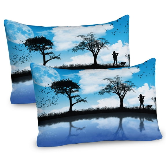 Ambesonne Nature Pillow Sham 2 Pack, Man Dog Lake Tree Moon, 36"x20", Sky Blue Black White