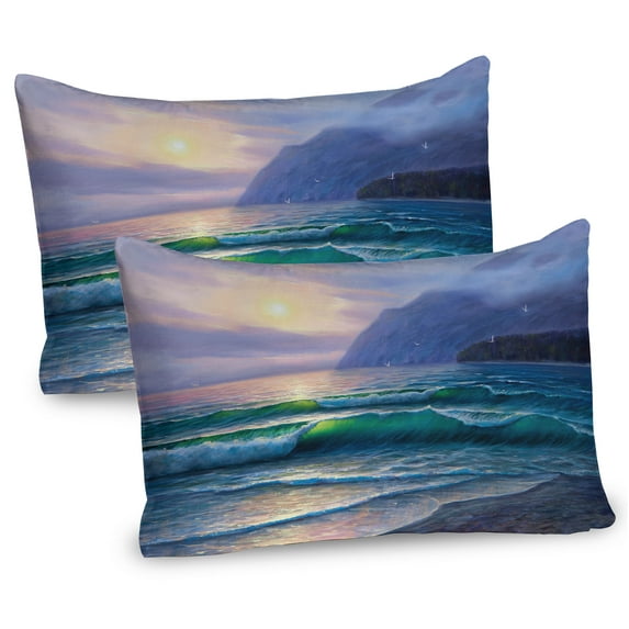 Ambesonne Nature Pillow Sham 2 Pack, Ocean Morning Mountain, 30"x20", Lilac Teal