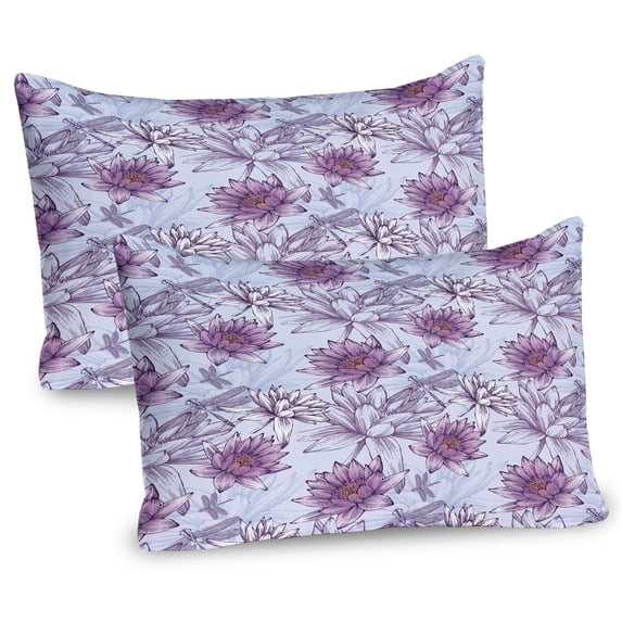 Ambesonne Nature Pillow Sham 2 Pack, Water Lilies and Drogonflies, 36"x20", Pale Blue Pale Purple