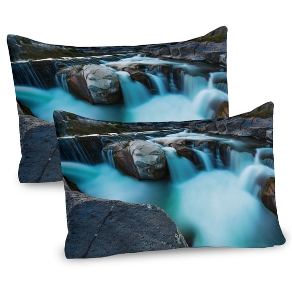 Ambesonne Nature Pillow Sham 2 Pack, Waterfall Basalt Rocks, 36"x20", Sky Blue Grey Green