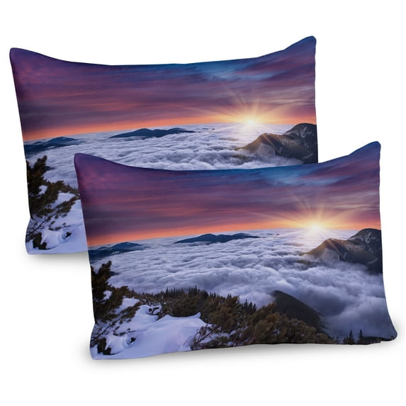 Ambesonne Nature Pillow Sham 2 Pack, Winter Landscape Sunset, 30"x20", White Brown Mauve