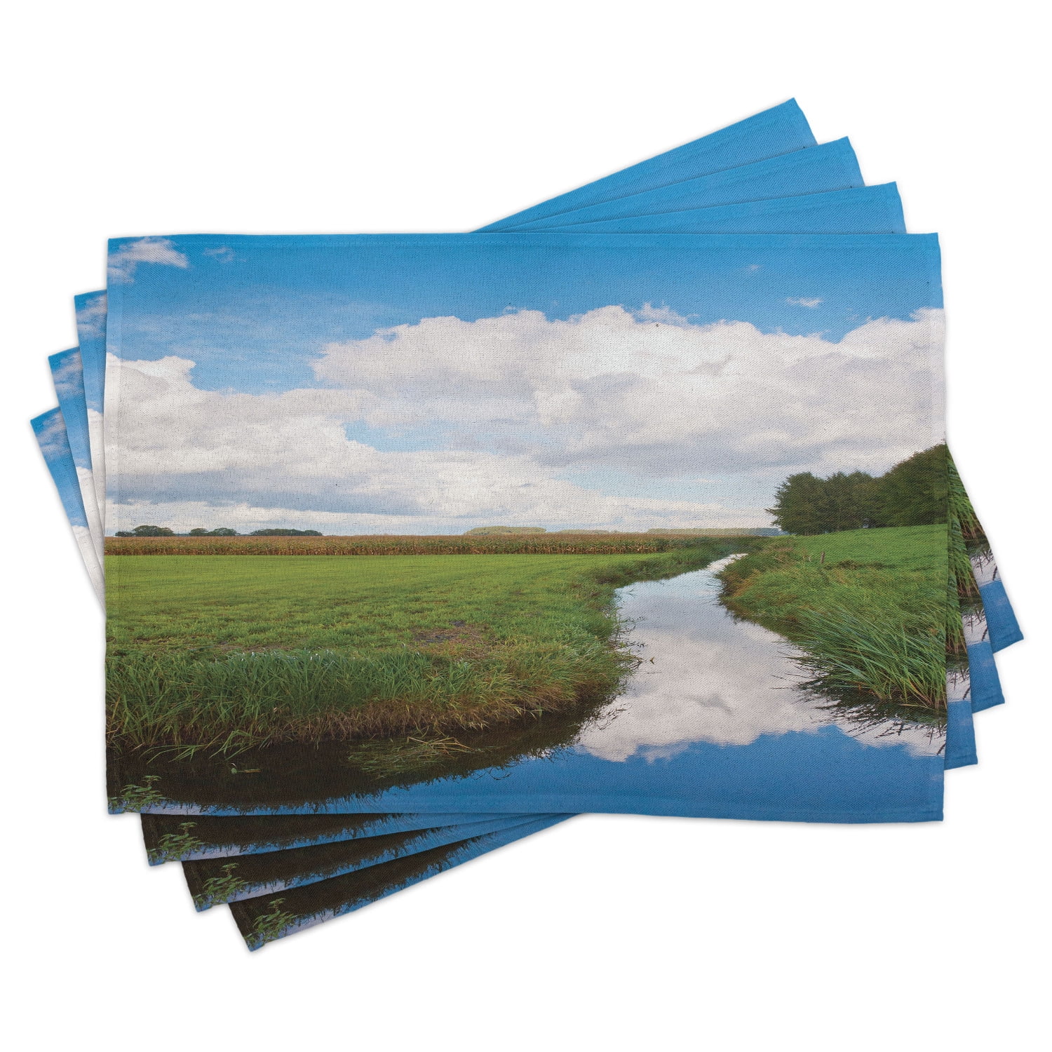 Ambesonne Nature Place Mats Set of 4, Calm River Meadow Trees, Standard ...