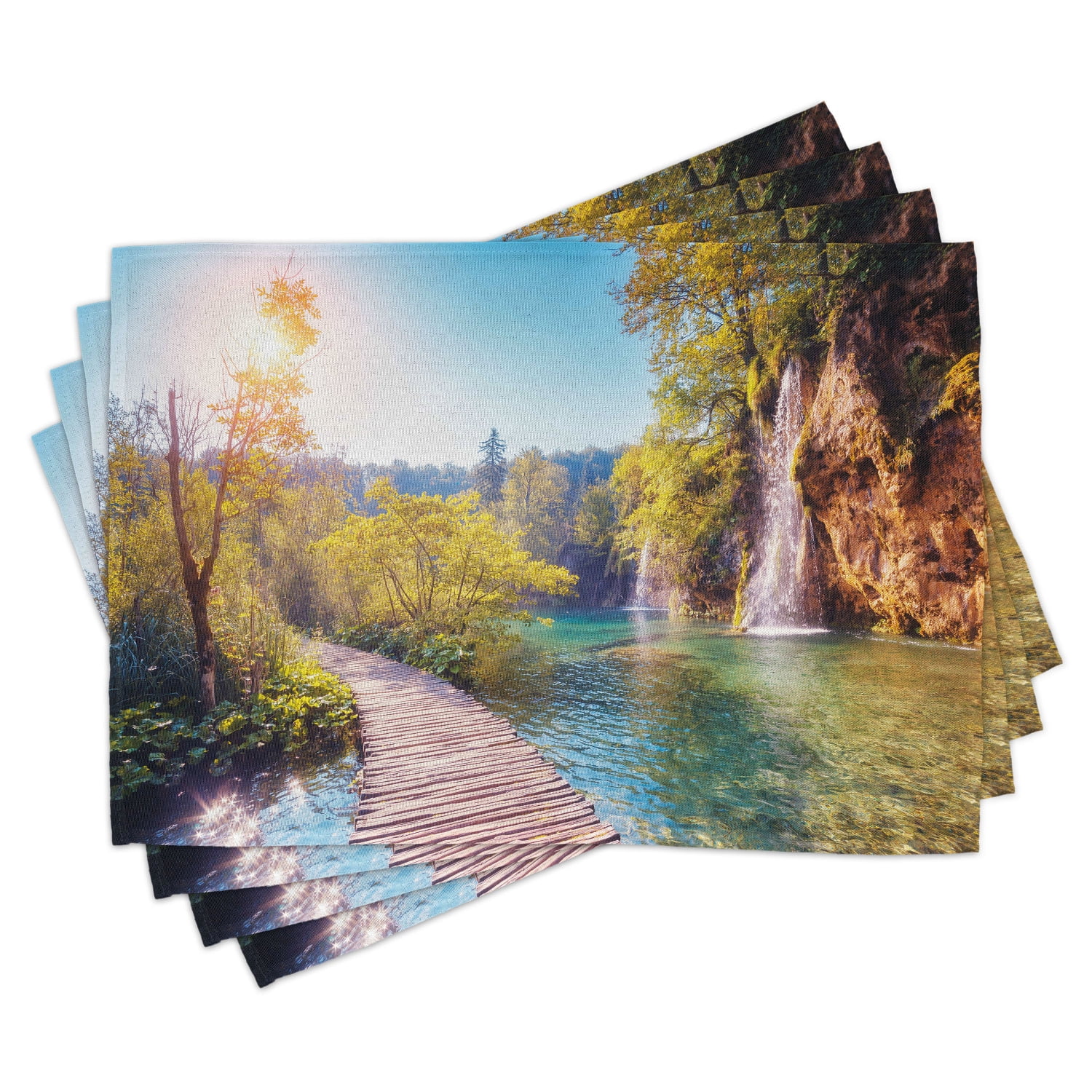 Ambesonne Nature Place Mats Set of 4, Idyllic Lake Waterfall, Standard ...