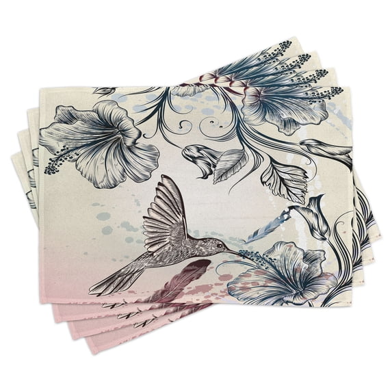 Ambesonne Nature Place Mats Set of 4, Vintage Birds Flowers, Standard Size, Teal Brown