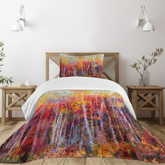 Ambesonne Nature Quilted Bedspread Set 2 Pcs, Autumn Forest Painting, Twin Size, Orange Yellow