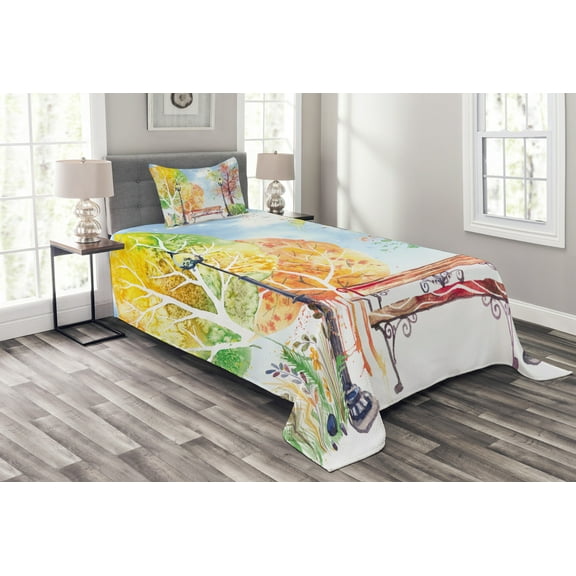 Ambesonne Nature Quilted Bedspread Set 2 Pcs, Autumn Park Tree Watercolor, Twin Size, Multicolor