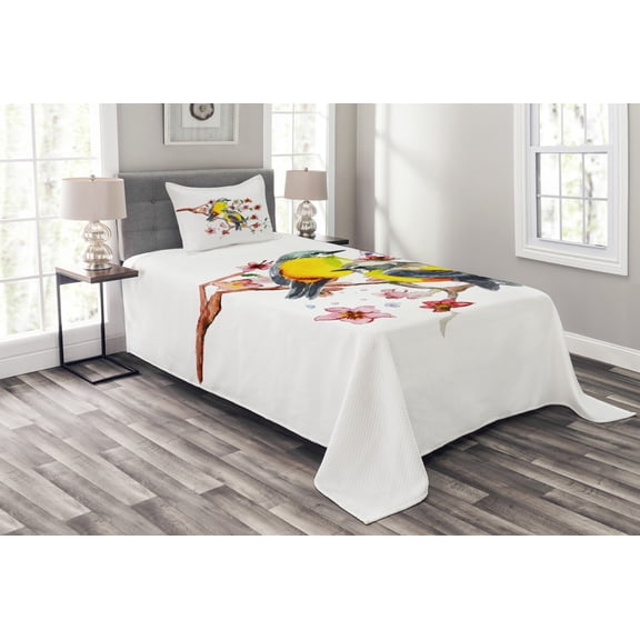 Ambesonne Nature Quilted Bedspread Set 2 Pcs, Birds on the Branches, Twin Size, Brown and Yellow