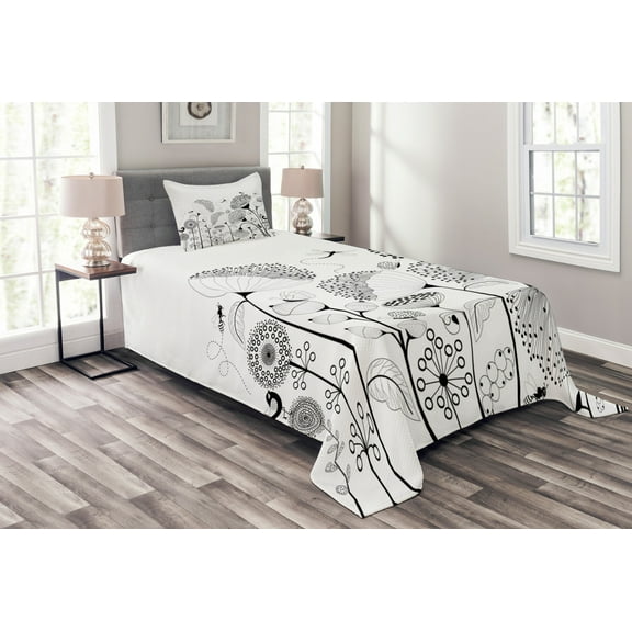 Ambesonne Nature Quilted Bedspread Set 2 Pcs, Blooming Flower Bee, Twin Size, Black White