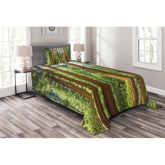 Ambesonne Nature Quilted Bedspread Set 2 Pcs, Braches in Spring, Twin Size, Green Brown