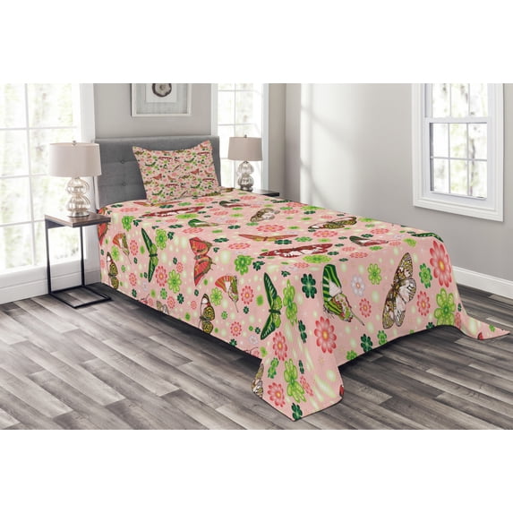 Ambesonne Nature Quilted Bedspread Set 2 Pcs, Butterflies Shamrocks, Twin Size, Lime Green Pale Pink