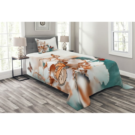 Ambesonne Nature Quilted Bedspread Set 2 Pcs, Colorful Butterflies Fly, Twin Size, Multicolor