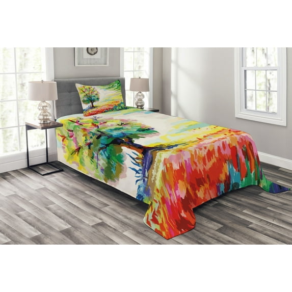Ambesonne Nature Quilted Bedspread Set 2 Pcs, Colorful Rural Scenery, Twin Size, Multicolor