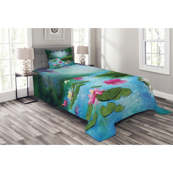 Ambesonne Nature Quilted Bedspread Set 2 Pcs, Fantasy Pond Water Lily, Twin Size, Aqua Pink Green