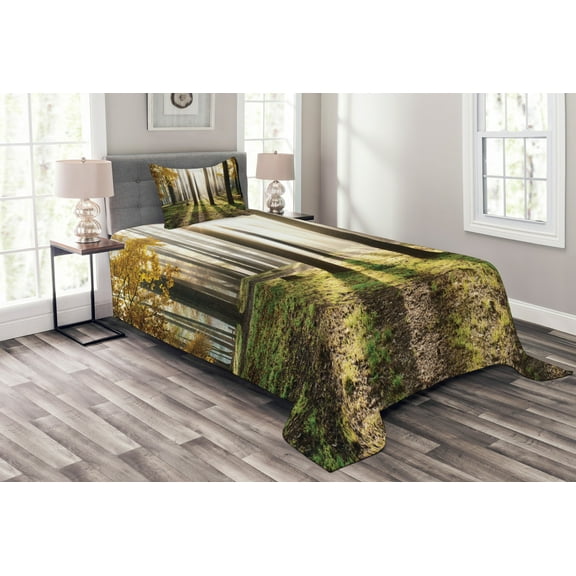 Ambesonne Nature Quilted Bedspread Set 2 Pcs, Forest Leaves at Sunrise, Twin Size, Yellow Green Brown