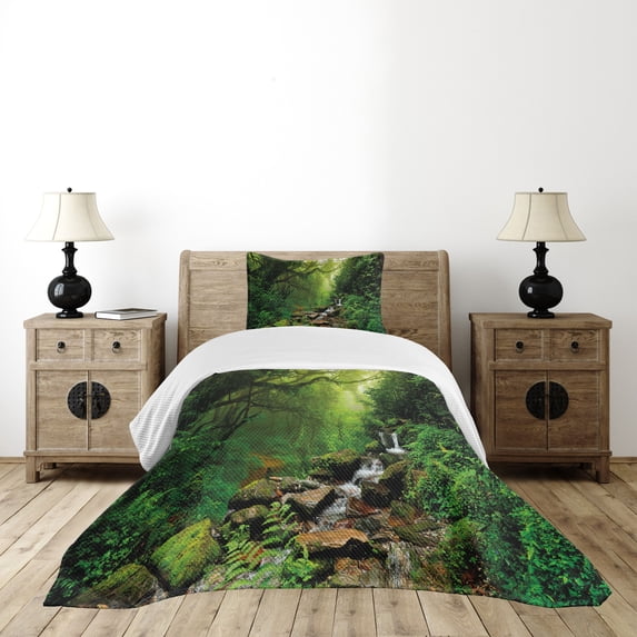 Ambesonne Nature Quilted Bedspread Set 2 Pcs, Idyllic Forest Design, Twin Size, Emerald Hunter Green