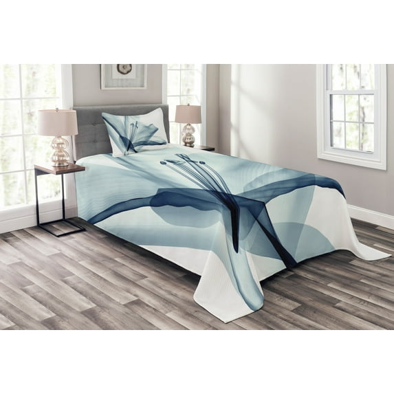 Ambesonne Nature Quilted Bedspread Set 2 Pcs, Modern Flowers Plants, Twin Size, Teal White