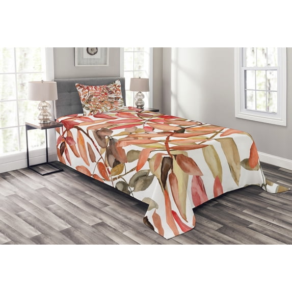 Ambesonne Nature Quilted Bedspread Set 2 Pcs, Northwoods Falling Leaf, Twin Size, Coral Taupe