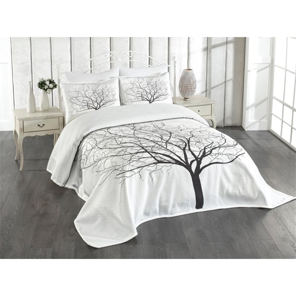Ambesonne Nature Quilted Bedspread Set 2 Pcs, Old Withered Oak Leaf, Twin Size, Charcoal Grey White