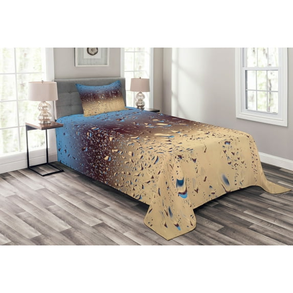 Ambesonne Nature Quilted Bedspread Set 2 Pcs, Rainy Day Window Effect, Twin Size, Blue Tan Brown