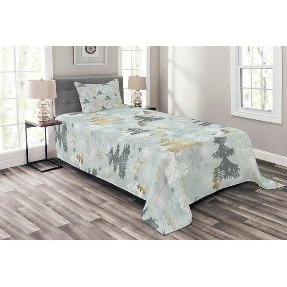 Ambesonne Nature Quilted Bedspread Set 2 Pcs, Retro Soft Pine Tree, Twin Size, Blue Grey and Dark Mustard