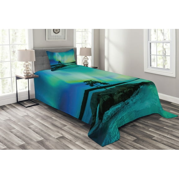 Ambesonne Nature Quilted Bedspread Set 2 Pcs, Rocky Stone River, Twin Size, Teal Blue Lime Green