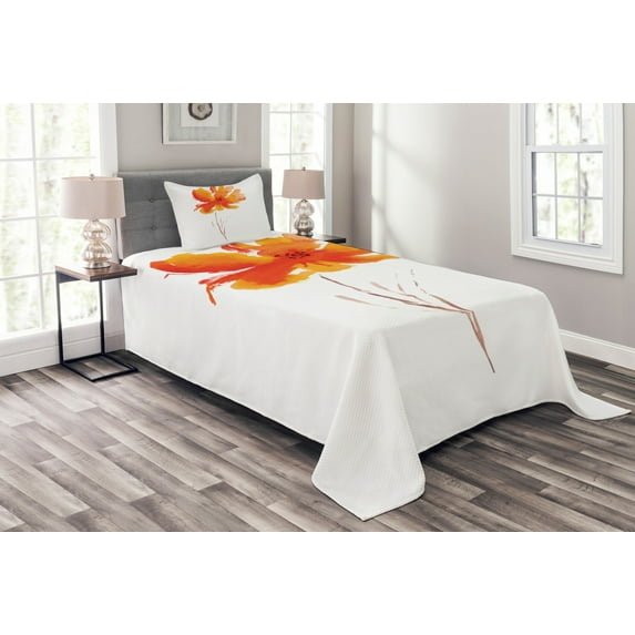 Ambesonne Nature Quilted Bedspread Set 2 Pcs, Romantic Poppy, Twin Size, White Orange