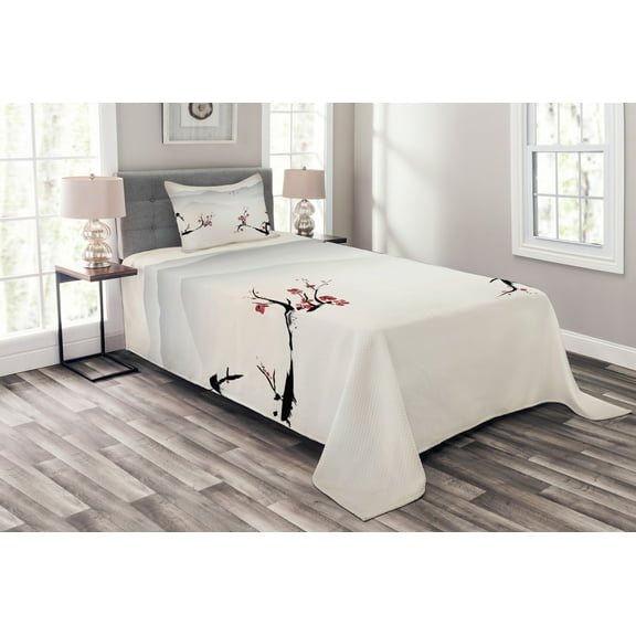 Ambesonne Nature Quilted Bedspread Set 2 Pcs, Sakura Flower and Gulls, Twin Size, Beige Red Black