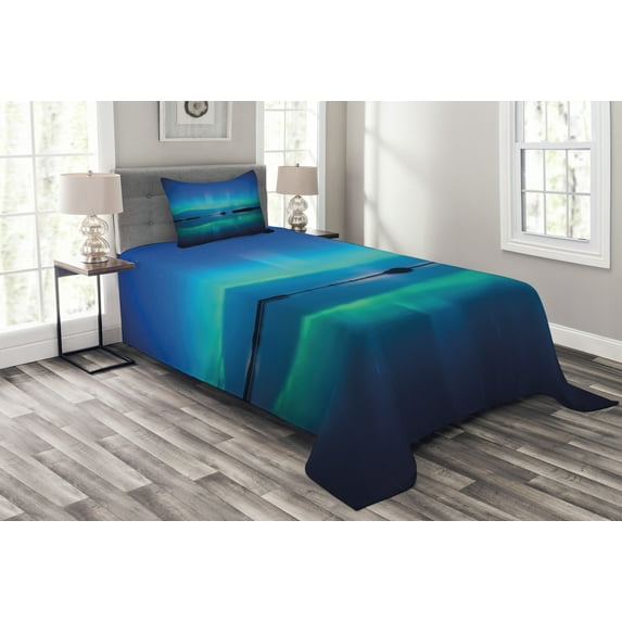 Ambesonne Nature Quilted Bedspread Set 2 Pcs, Sky Scenery Lake, Twin Size, Violet Blue