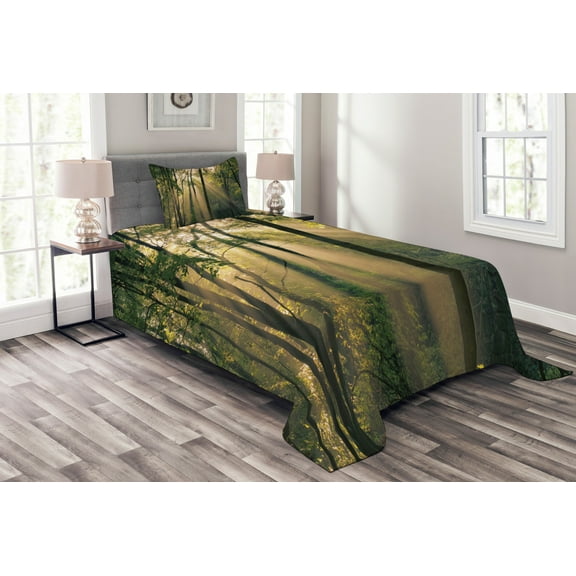 Ambesonne Nature Quilted Bedspread Set 2 Pcs, Summertime Countryside, Twin Size, Green Beige Black