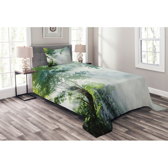 Ambesonne Nature Quilted Bedspread Set 2 Pcs, Sunbeams Shadows Idyllic, Twin Size, Green White