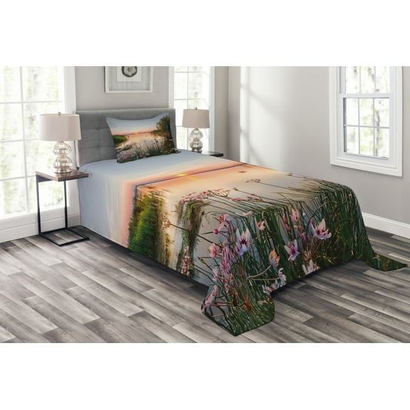 Ambesonne Nature Quilted Bedspread Set 2 Pcs, Sunset at Chudskoy Lake, Twin Size, Pale Blue Pale Pink