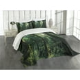 thumbnail image 1 of Ambesonne Nature Quilted Bedspread Set 2 Pcs, Sunset in Woods Trees, Twin Size, Forest Green Pale Yellow, 1 of 2