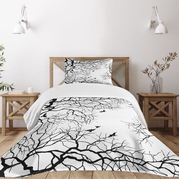 Ambesonne Nature Quilted Bedspread Set 2 Pcs, Twiggy Tree Branches, Twin Size, Black and White