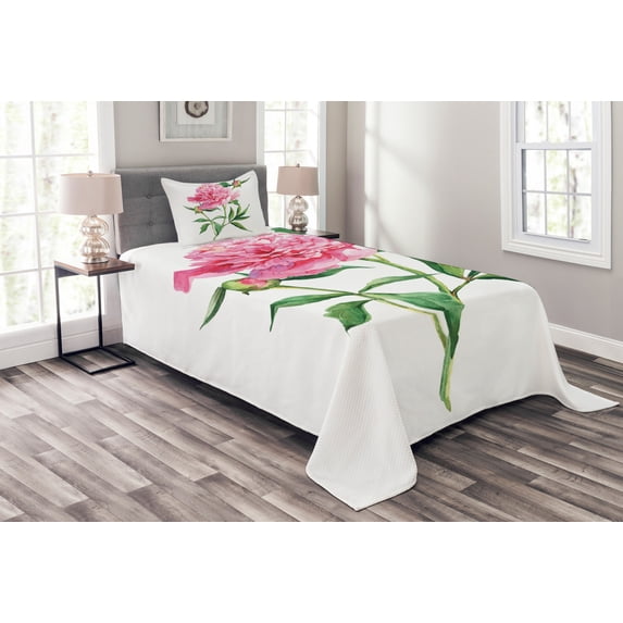 Ambesonne Nature Quilted Bedspread Set 2 Pcs, Vintage Peony, Twin Size, Pink White Green
