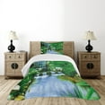 thumbnail image 1 of Ambesonne Nature Quilted Bedspread Set 2 Pcs, Waterfall Rocks Forest, Twin Size, Fern Green Pale Blue, 1 of 6