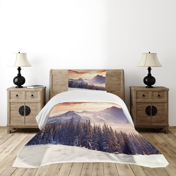 Ambesonne Nature Quilted Bedspread Set 2 Pcs, Winter Evening Mountain, Twin Size, Multicolor